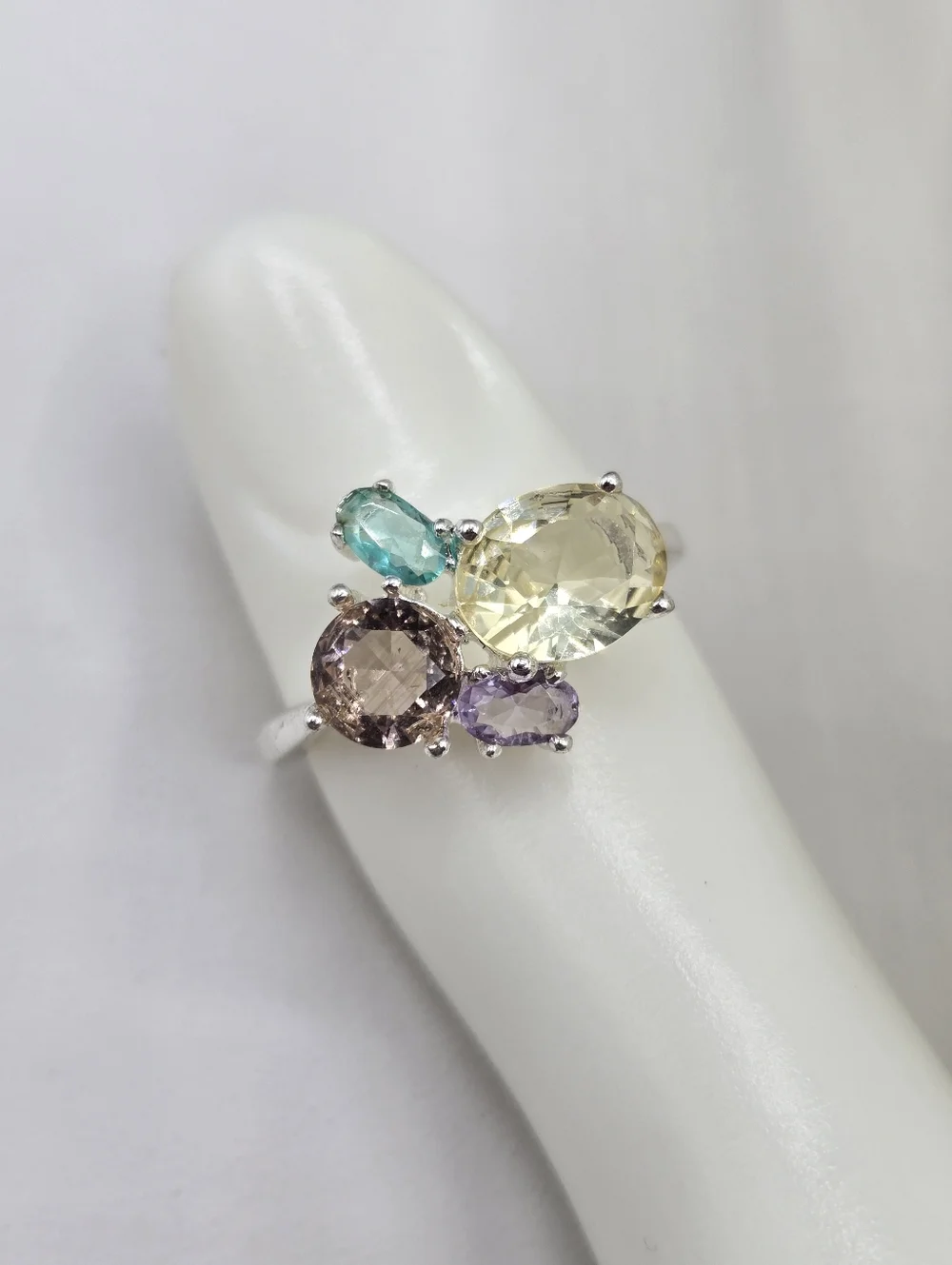 Swarovski Crystal Elements Silver Statement Ring Blue Purple Yellow Size 7.5 - Picture 5 of 7